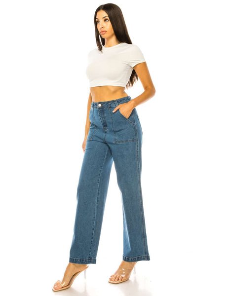 High waist denim pants with front pocket detail