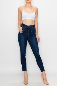 Dark Wash Rayon Belted Skinny Jeans
