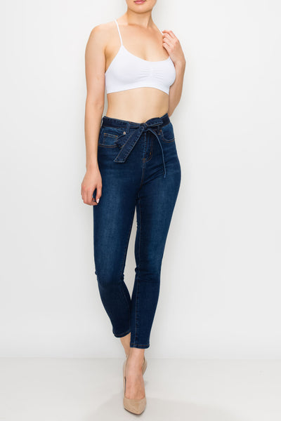 Dark Wash Rayon Belted Skinny Jeans