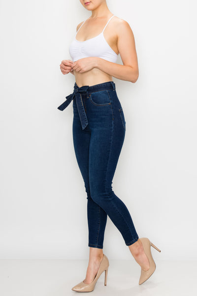 Dark Wash Rayon Belted Skinny Jeans