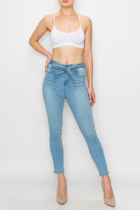 Light Wash Rayon Belted Skinny Jeans