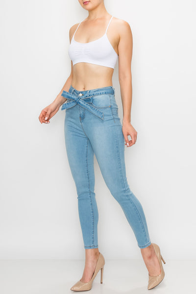 Light Wash Rayon Belted Skinny Jeans