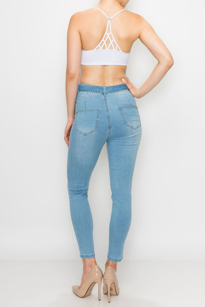 Light Wash Rayon Belted Skinny Jeans