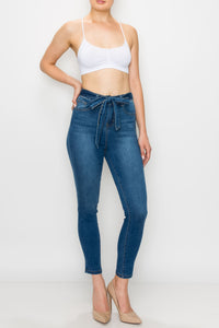 Medium Wash Rayon Belted Skinny Jeans