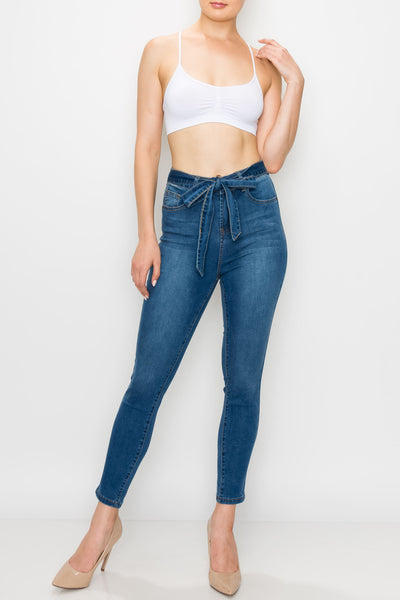 Medium Wash Rayon Belted Skinny Jeans
