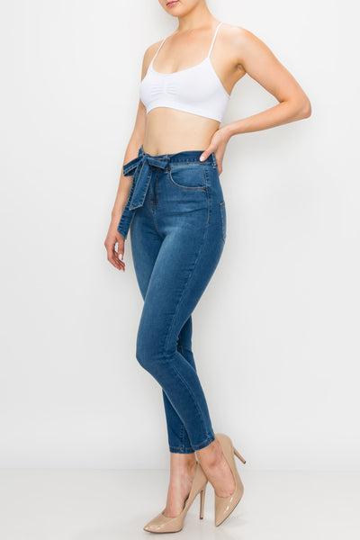 Medium Wash Rayon Belted Skinny Jeans