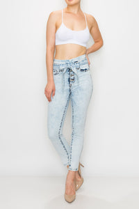 Acid Wash Rayon Button Fly Belted Skinny Jeans