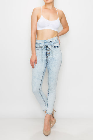 Acid Wash Rayon Button Fly Belted Skinny Jeans