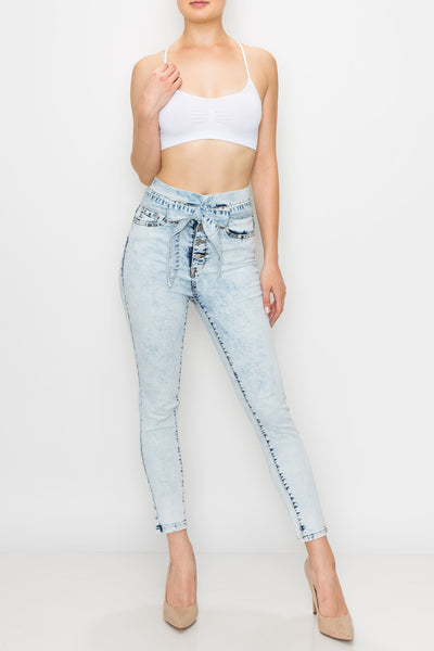 Acid Wash Rayon Button Fly Belted Skinny Jeans
