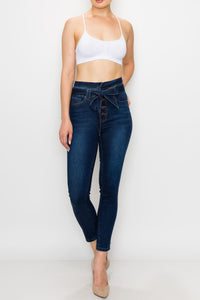 Dark Wash Rayon Button Fly Belted Skinny Jeans