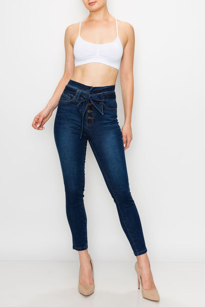 Dark Wash Rayon Button Fly Belted Skinny Jeans