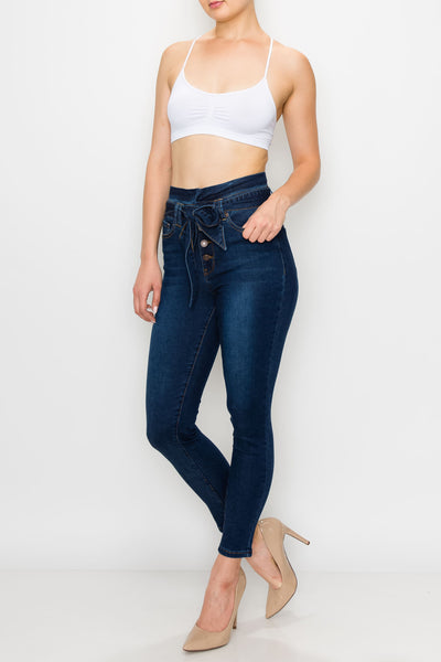 Dark Wash Rayon Button Fly Belted Skinny Jeans