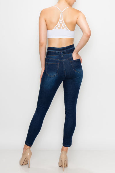 Dark Wash Rayon Button Fly Belted Skinny Jeans