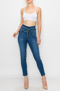 Medium Wash Rayon Button Fly Belted Skinny Jeans