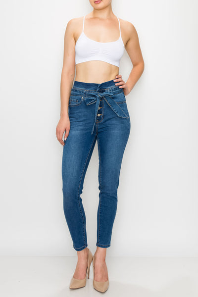 Medium Wash Rayon Button Fly Belted Skinny Jeans
