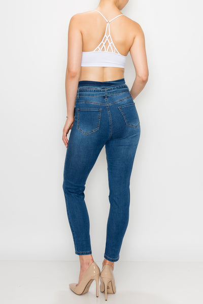 Medium Wash Rayon Button Fly Belted Skinny Jeans