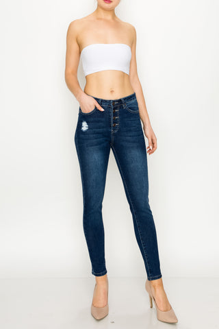 Dark Wash Button Fly Rip Skinny Jeans
