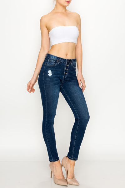 Dark Wash Button Fly Rip Skinny Jeans