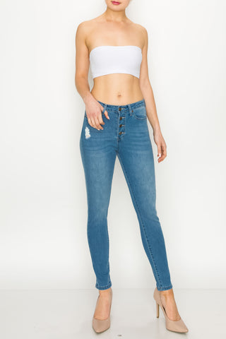 Light Wash Button Fly Rip Skinny Jeans