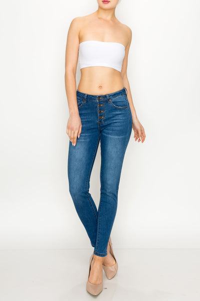 Medium Wash Button Fly Rip Skinny Jeans