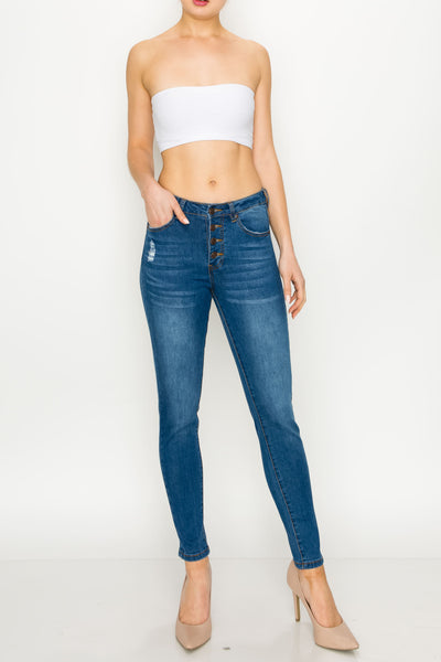 Medium Wash Button Fly Rip Skinny Jeans
