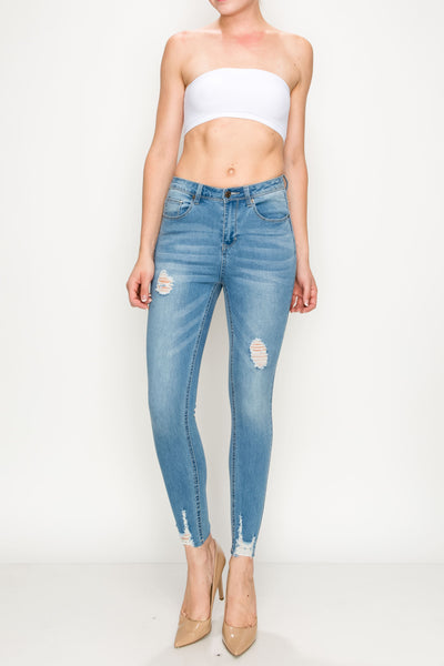 Light Wash Ripped Hem Skinny Jeans