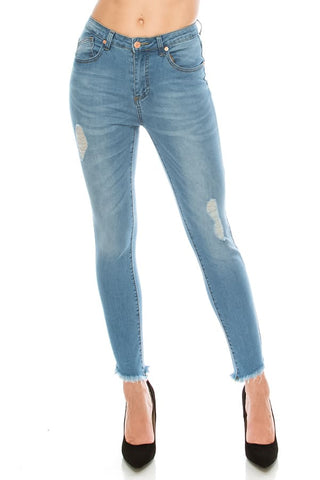 Light Wash Ripped Fray Hem Skinny Jeans