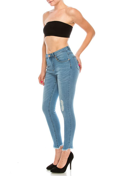 Light Wash Ripped Fray Hem Skinny Jeans