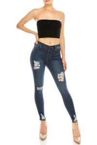 Dark Wash Rayon Button Fly Rip Skinny Jeans