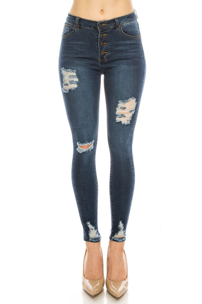 Dark Wash Rayon Button Fly Rip Skinny Jeans