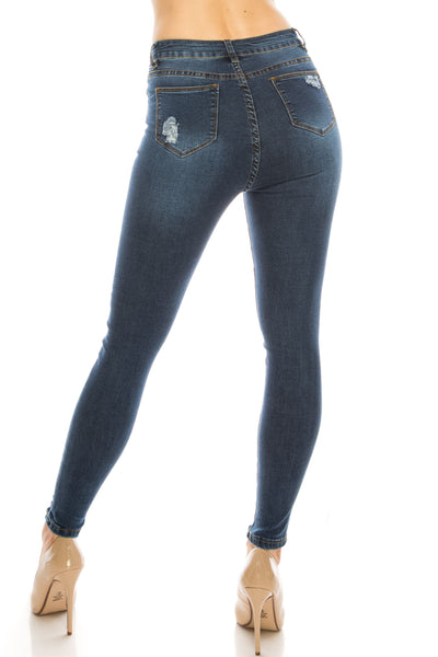 Dark Wash Rayon Button Fly Rip Skinny Jeans