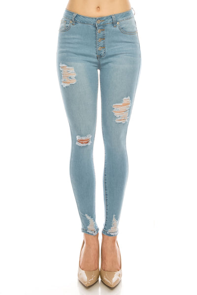 Light Wash Rayon Button Fly Rip Skinny Jeans