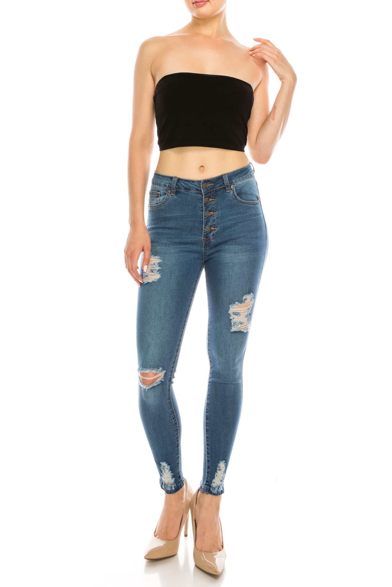 Medium Wash Rayon Button Fly Rip Skinny Jeans