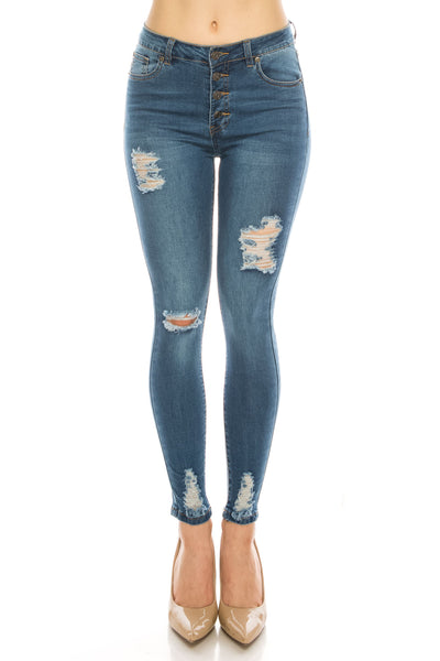 Medium Wash Rayon Button Fly Rip Skinny Jeans