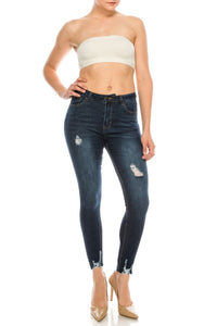 Dark Wash Rayon Ripped Hem Skinny Jeans