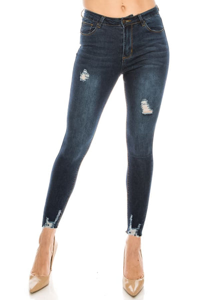 Dark Wash Rayon Ripped Hem Skinny Jeans