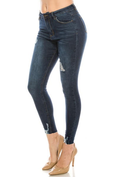 Dark Wash Rayon Ripped Hem Skinny Jeans