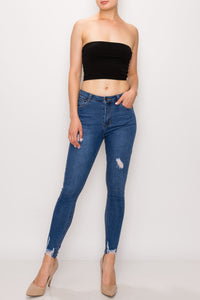 Medium Wash Rayon Ripped Hem Skinny Jeans