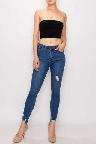 Medium Wash Rayon Ripped Hem Skinny Jeans