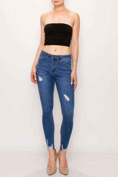 Medium Wash Rayon Ripped Hem Skinny Jeans