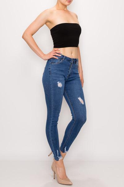 Medium Wash Rayon Ripped Hem Skinny Jeans