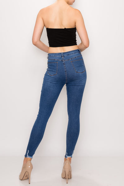Medium Wash Rayon Ripped Hem Skinny Jeans