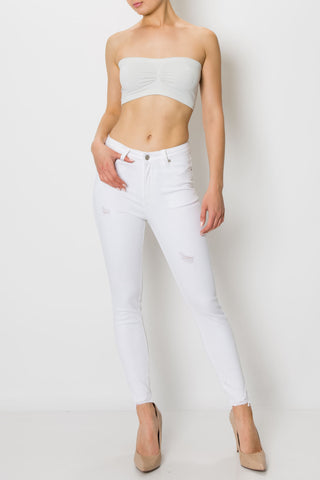 White Raw Cut Ripped Hem Skinny Jeans