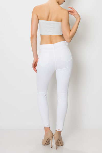 White Raw Cut Ripped Hem Skinny Jeans