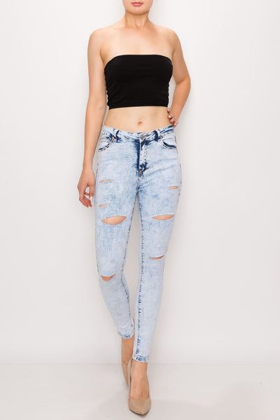 Acid Light Wash Rayon Rip Skinny Jeans