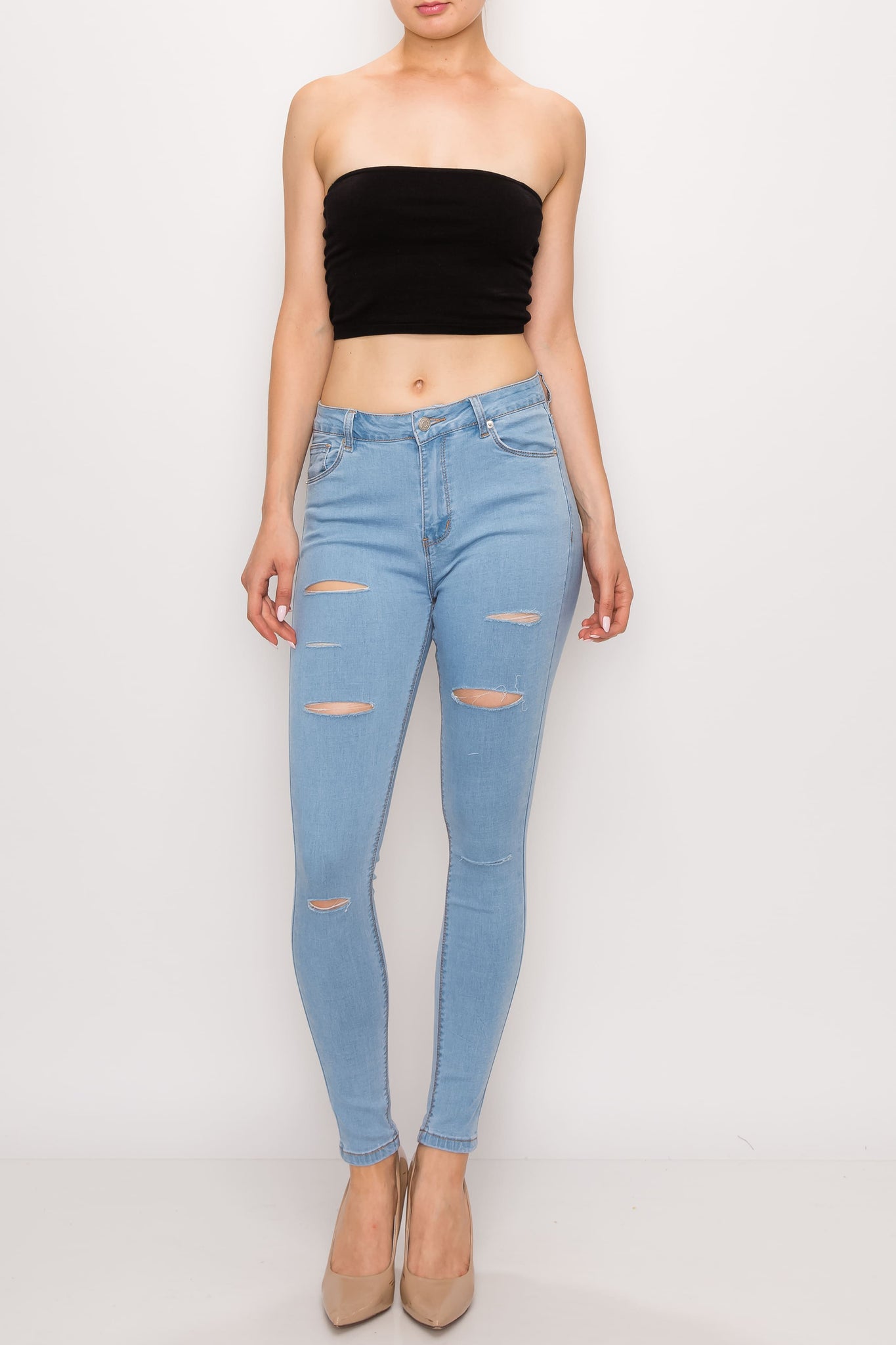 Light Wash Rayon Rip Skinny Jeans