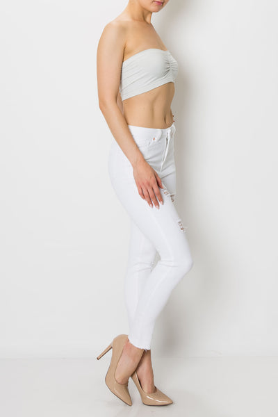 White Raw Cut Hem Ripped Skinny Jeans