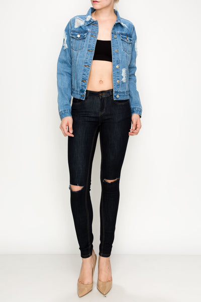 Light Wash Ripped Boxy Crop Denim Jacket