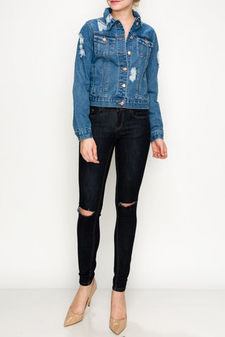 Medium Wash Ripped Boxy Crop Denim Jacket