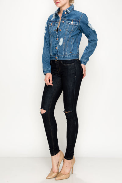 Medium Wash Ripped Boxy Crop Denim Jacket